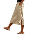 thumbnail image 2 of Women's Cotton Linen Midi Skirt Elastic Waist Side Button Split Pockets Solid Color Casual A-Line Mid-Calf Skirt 04-Khaki S, 2 of 5