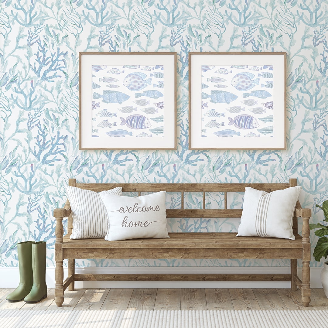 Tempaper Coral Reef Aqua Blue Peel and Stick Wallpaper, 20.5" x 16.5'