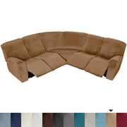 TOPCHANCES Sectional Recliner Sofa Covers, 7-Piece Velvet Stretch 5-Seat Corner Reclining Sofa Slipcovers, L-Shaped Sectional Couch Furniture Protector (Leather-brown)