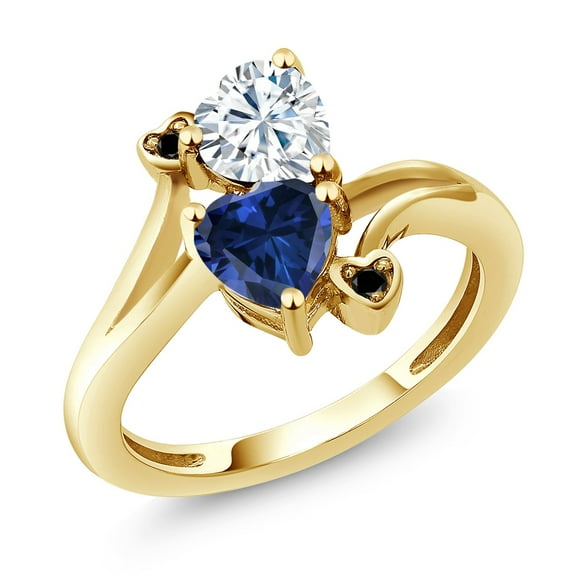 Gem Stone King 18K Yellow Gold Plated Silver White Moissanite Blue Created Sapphire and Black Diamond Ring for Women (1.63 Cttw, Heart Shape 6MM, Gemstone Birthstone, Size 7)
