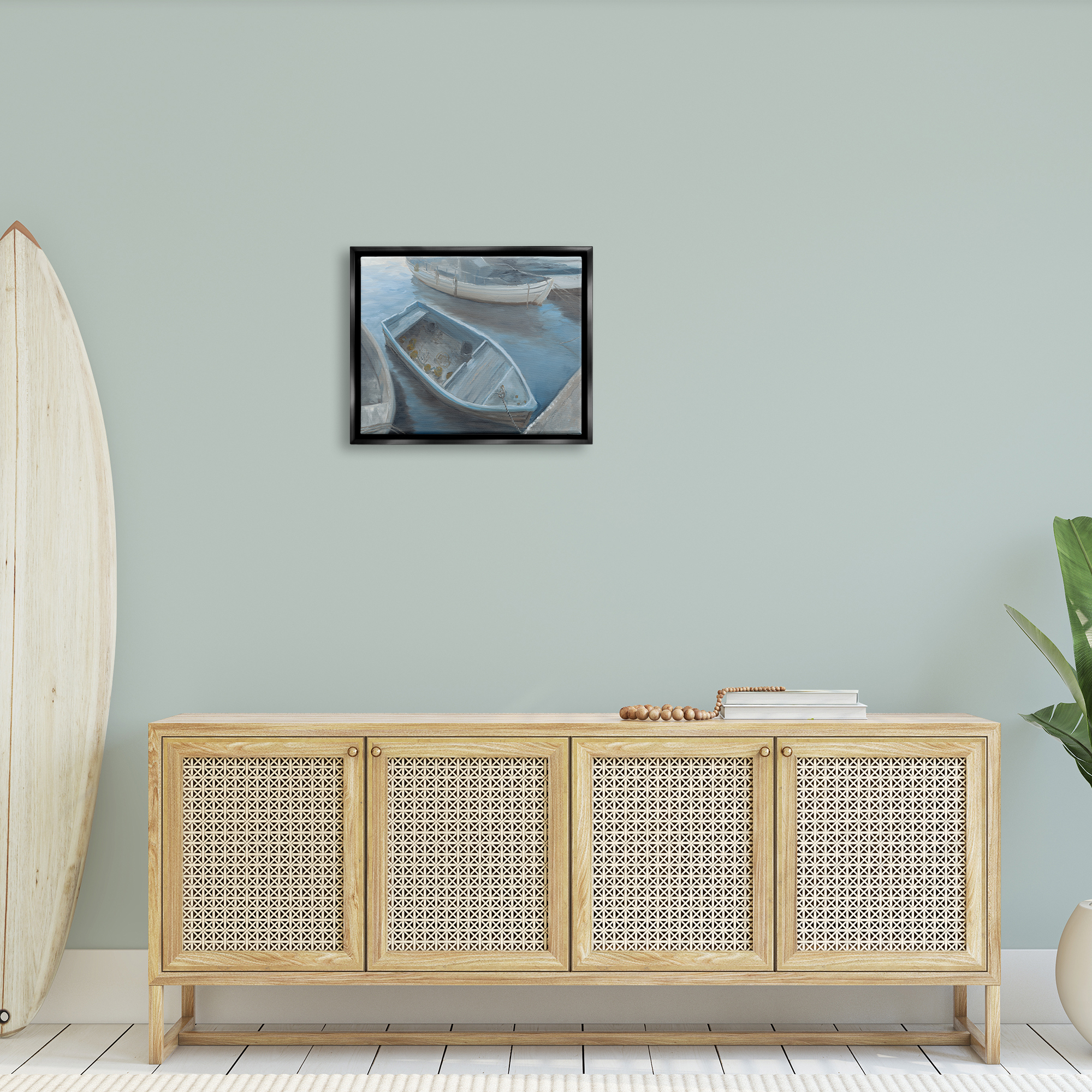 Stupell Docked Dinghy Boat Coastal Pier Landscape Painting Black Floater Framed Art Print Wall Art