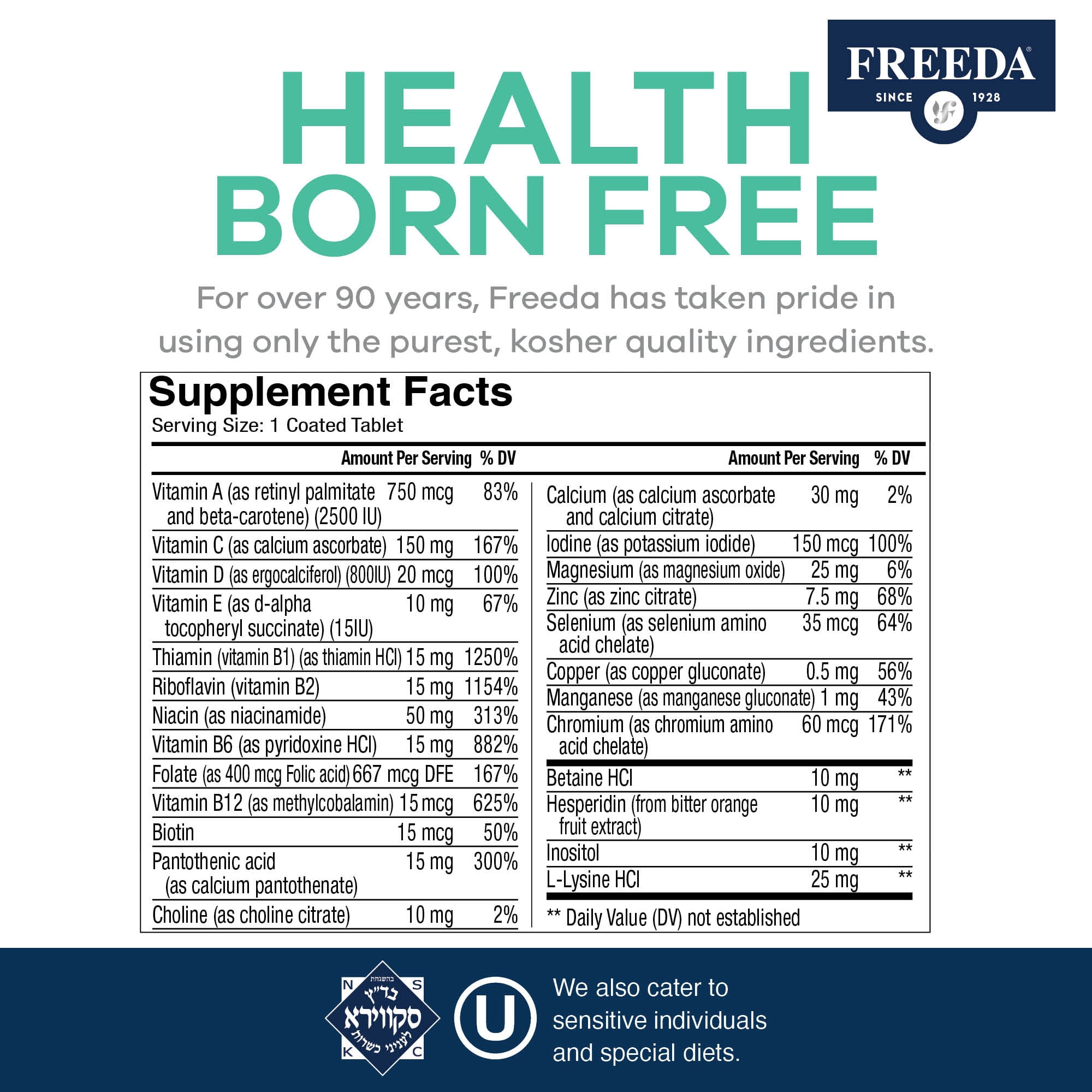 Freeda Senior Multivitamin – One Daily Vitamin for Adults 55+ | Energy & Immune Support | Vegan, Kosher, Gluten Free | 100 Tablets