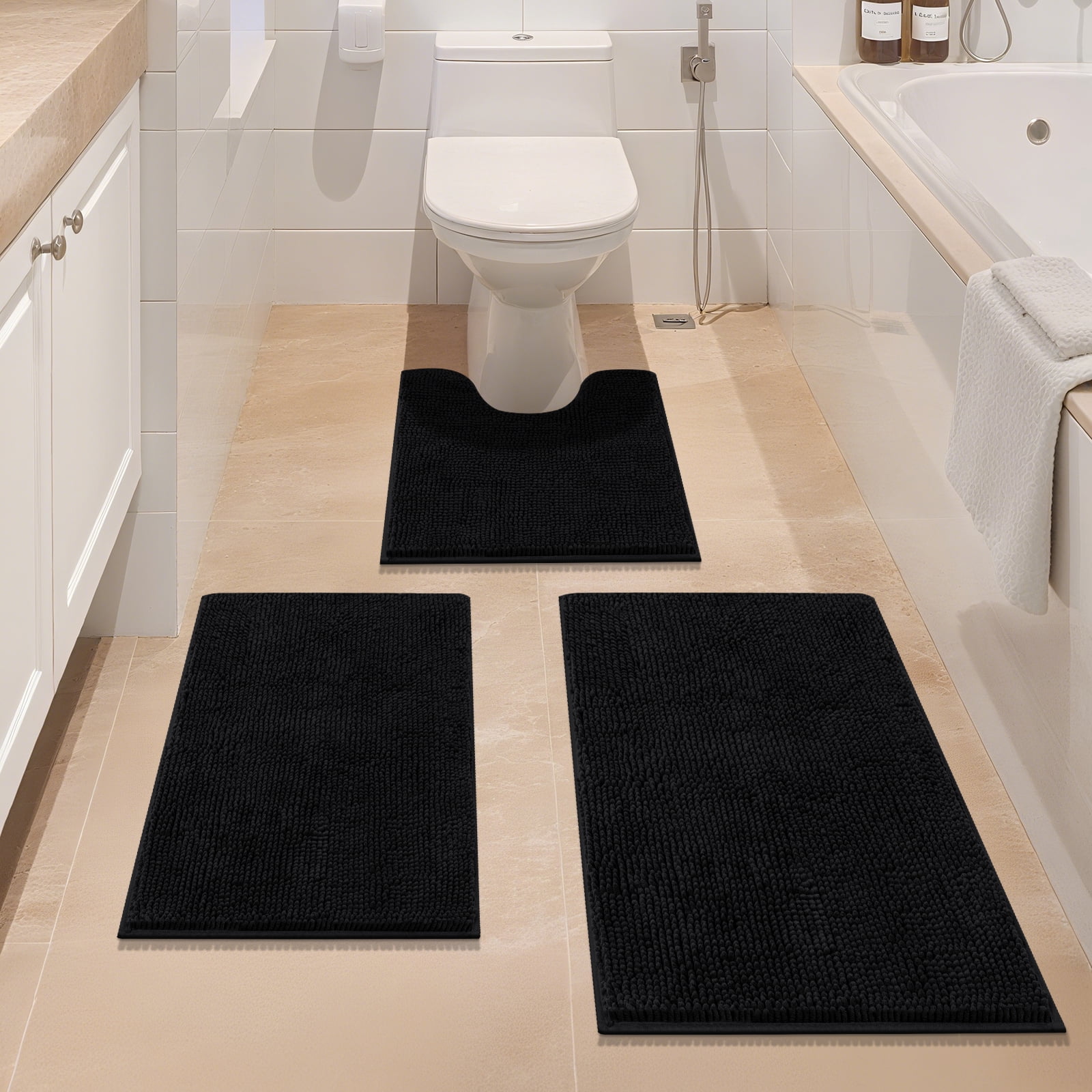 Vaukki Black Bathroom Rug Sets 3 Piece Ultra Soft Absorbent Shaggy Bath Mat Non Slip Toilet Rug for Bathroom