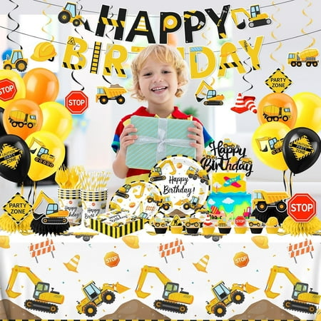 Construction Birthday Decorations,245PCS Construction Birthday Party Supplies-Includes Plates Napkins Cups Banner Balloons Tablecloth and Cake Toppers for Kids TruckTheme Celebration Tableware