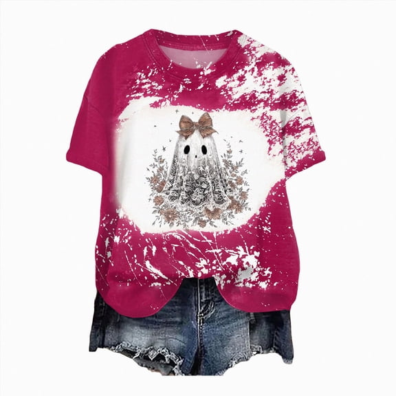 COMVALUE Plus Size Halloween Shirts for Women: Spooky Season Graphic T-Shirt Cute Pumpkin Print Oversized Fall Tee Tops Hot Pink L