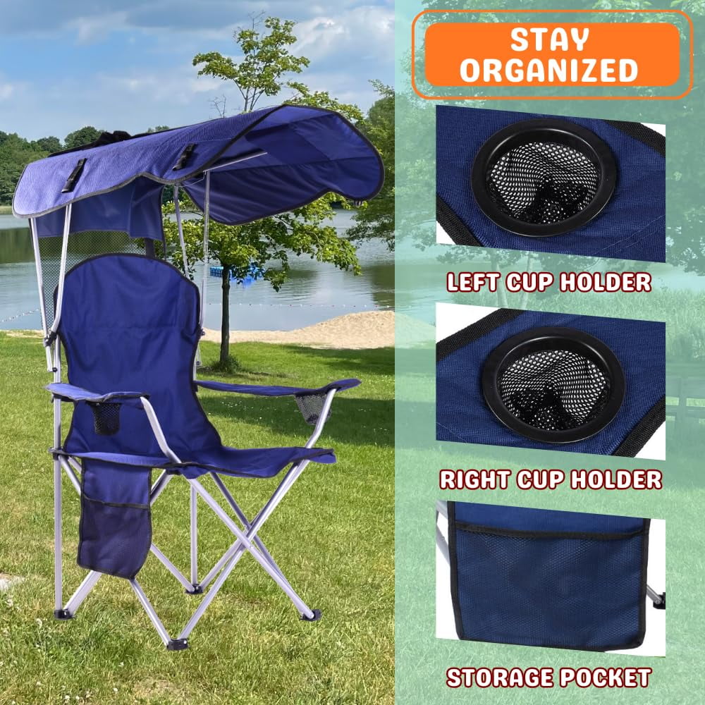 VTOY 2-Pack Folding Camping Chairs with Canopy, Navy Blue