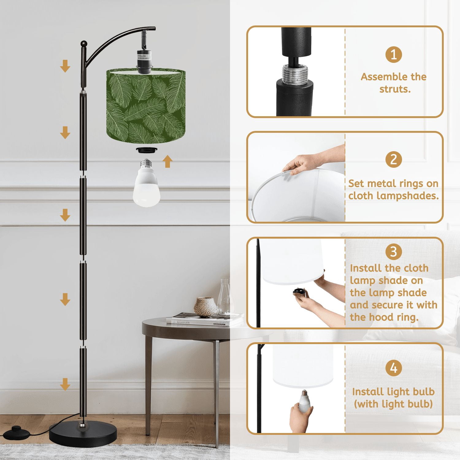 Arc Floor Lamp Luxury Nature green Floral Golden Tall Modern Standing Lamp LED Adjustable Linen Lampshade 3 Color Temperatures