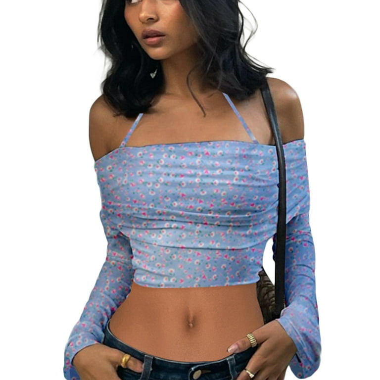 Off-the-Shoulder Crop Tops for Women Print Halter Neck Long Sleeve Short T-Shirt Casual Street Slim Tops - Walmart.com