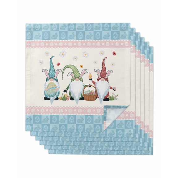 Happy Easter Cloth Napkins Set of 6 Reusable Dinner Napkins, Cute Gnomes Eggs Blue Bunny Floral Pink Border Cocktail Napkin Washable Table Napkins for Wedding/Holiday Party/Baby Shower 20"x20"