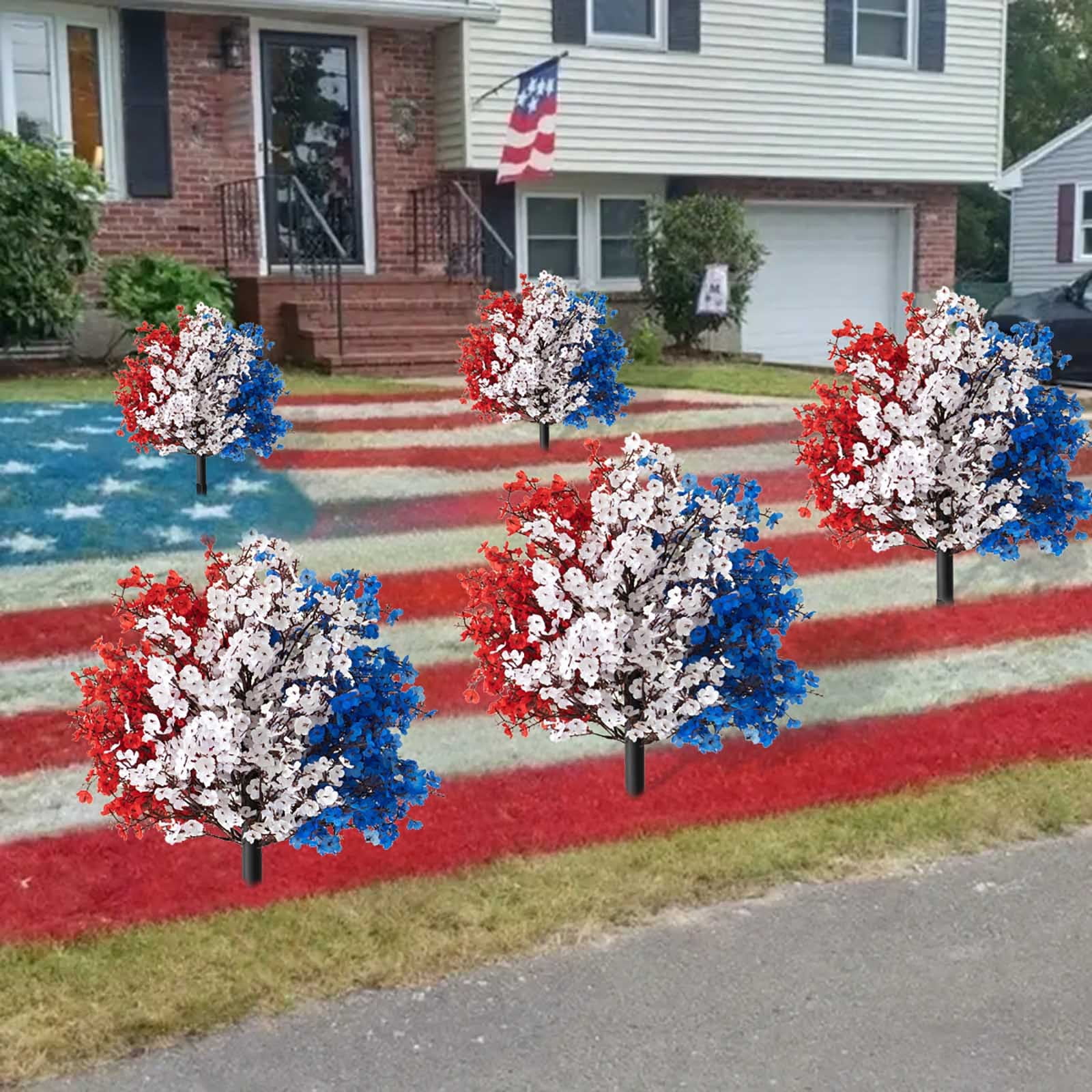4 of July Decorations, 13.8x20.1inch Red White and Blue Artificial Flowers for Outdoors Ground Insertion, Independence Day Themed Ornament for Garden, Yard Home Decor