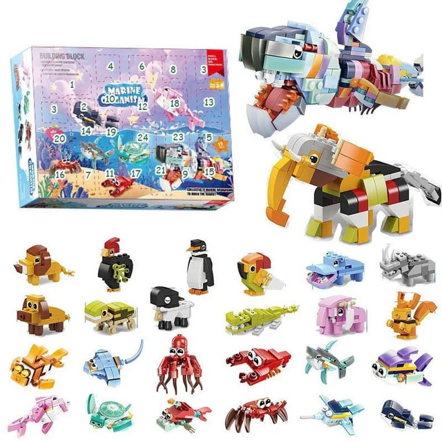 Bloques de construcción de la serie navideña, caja de regalo para niños, calendario de adviento de Navidad de 24 días, modelo de ladrillos de vehículo de animales marinos DIY