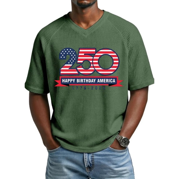 250 Anniversary Usa T Shirt for Men American Flag Print Short Sleeve Waffle Crew Neck Muscle Tops 4th Of July Moisture Wicking Regular Fit Summer Breathable T Shirts, Army Green, #01 Army Green