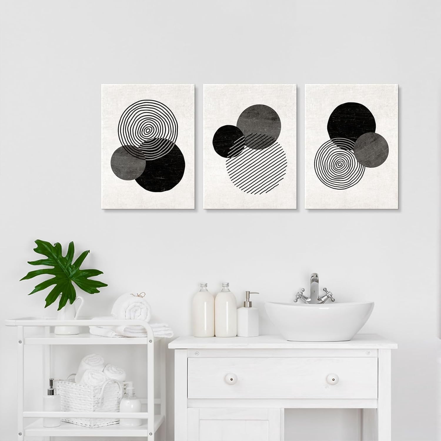 Black and White Wall Art Canvas Set Mid Century Boho Pictures Modern Geometric Lines Rounds Wall Decor Minimalist Bohemian Abstract Painting Artwork for Living Room Bedroom Office 12"x16"x3Pc