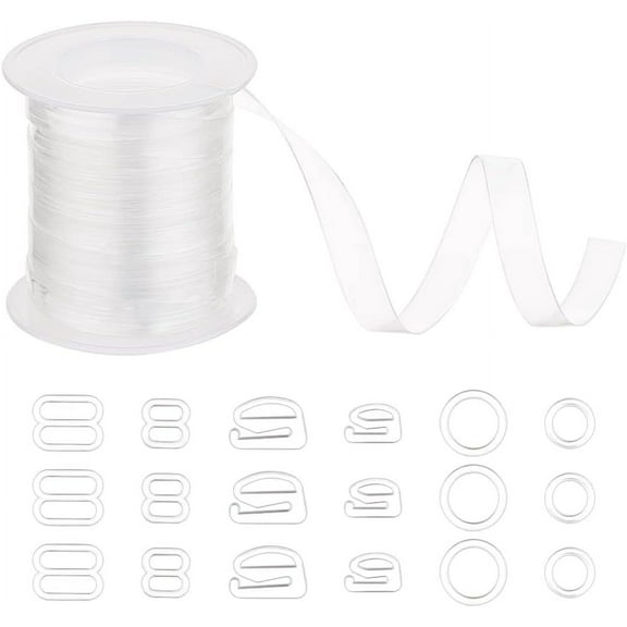 Clear Elastic Strap with Buckles 10.9 Yards Transparent Elastic Band Bra Shoulder Straps with 180 Pcs 6 Styles Adjustment Bra Strap Hooks for DIY Shoulder Bra Clothes Sewing Project diy Clear
