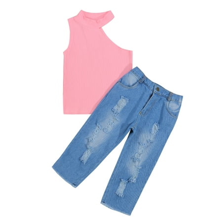 

ZIYIXIN Summer Kids Girls Clothes 2pcs Off Shoulder Halter Solid Tops Hole Blue Denim Pants Sets Pink 3-4 Years