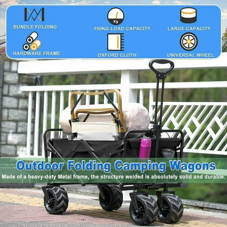 Collapsible Folding Wagon,Heavy Duty Wagon Cart Foldable with Aluminum Table Plate and Extra Pocket / Storage Bag,Utility Garden Carts for Camping