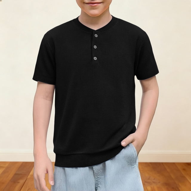 Camiseta de manga corta con cuello redondo para niño, informal, de color liso
