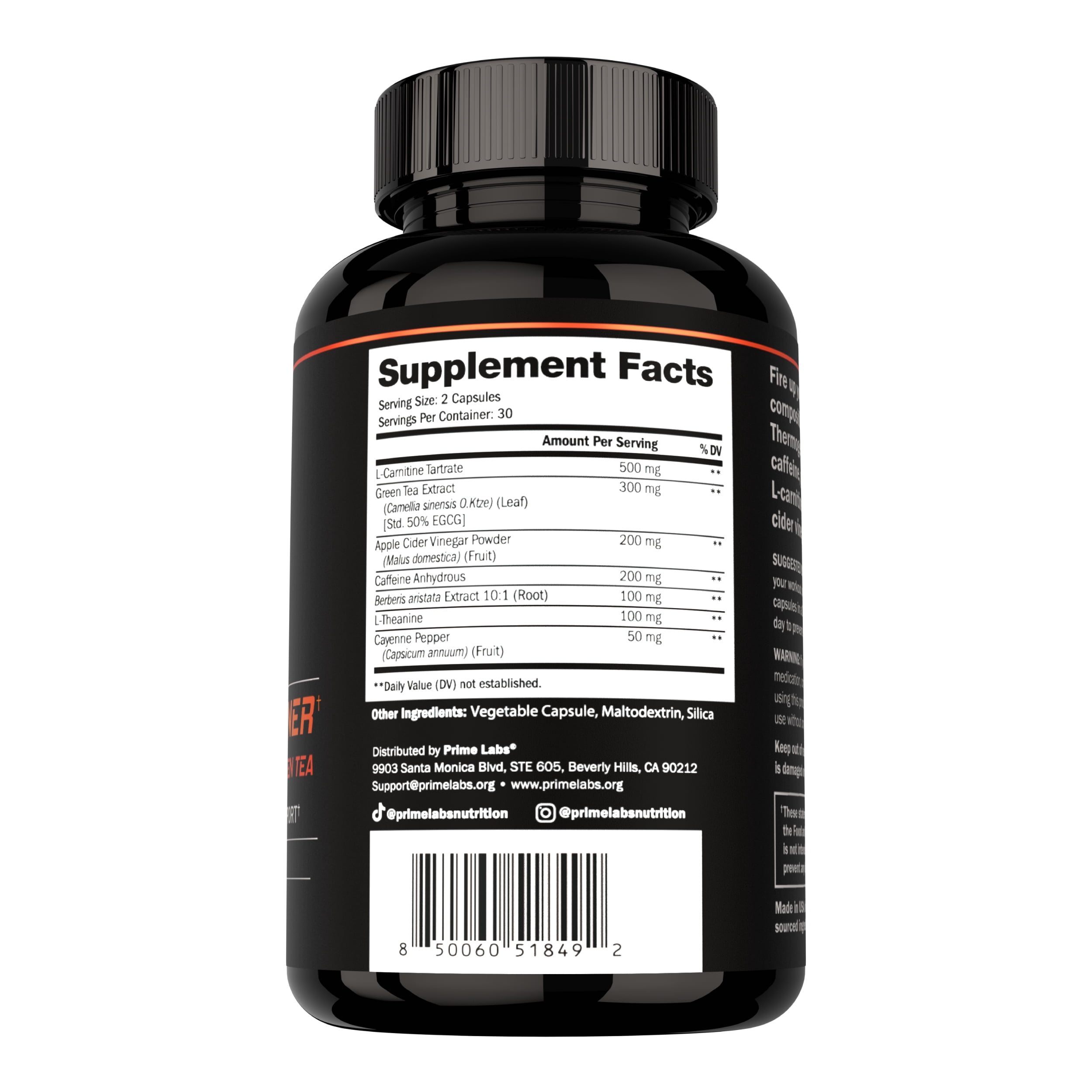 Prime Labs Thermogenic Energy Supplement for Men – L-Carnitine, Caffeine & Green Tea Extract – Daily Energy & Active Lifestyle Formula – Third-Party Tested, Made in the USA – 60 Capsules