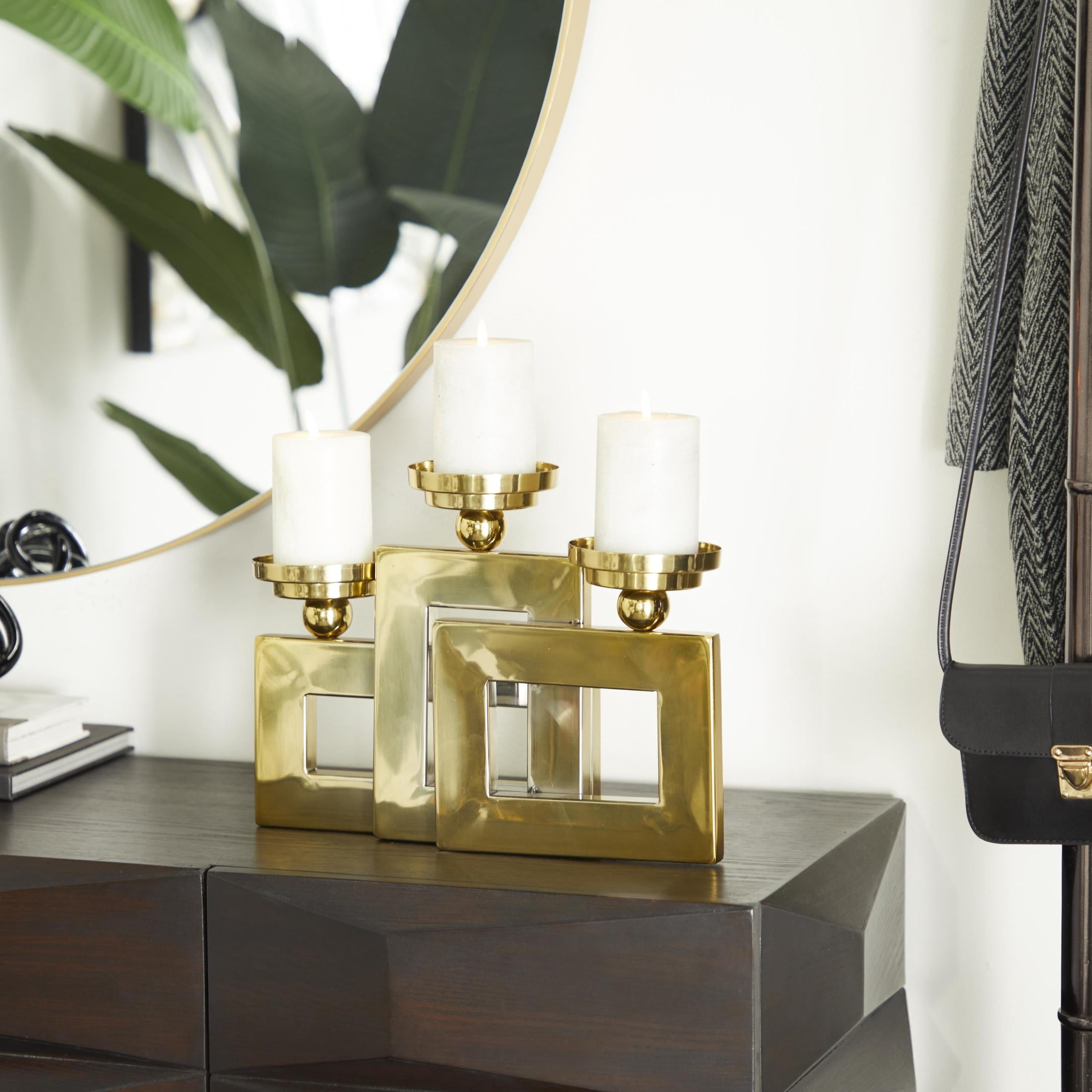 DecMode 3 Candle Gold Stainless Steel Metal Pillar 3 Plate Candle Holder