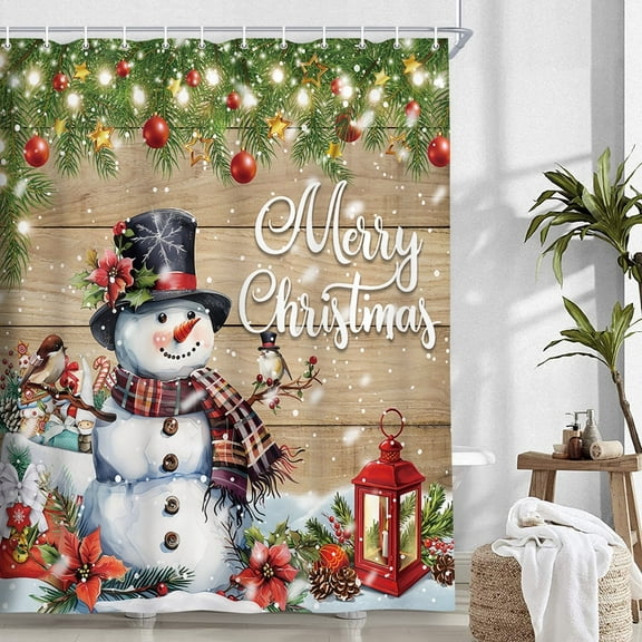 Christmas Snowman Shower Curtain, Xmas Gifts Vintage White Wood BoardsNew Year Holiday Bathroom Curtains, Country Waterproof Fabric Shower Curtain Set with Hooks, 72X72in