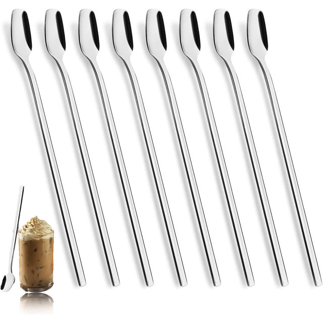 BRILLAR Juego de cucharas de café - 8 piezas, 15 cm, mango largo, ideal para helados, té y postres