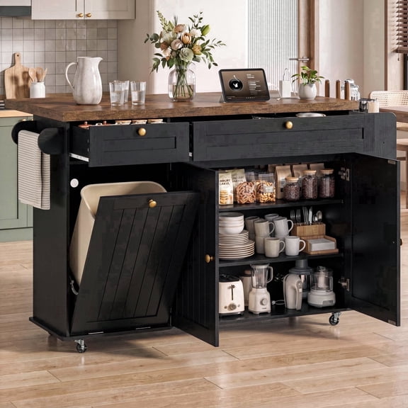 ROGALIS 60" Kitchen Island with Storage and Trash Can,Kitchen Island Cart with Drop Leaf and Wheels,Rolling Kitchen Island Cart on Wheels with Storage Cabinets & Drawers & Spice Racks,Black/Rustic