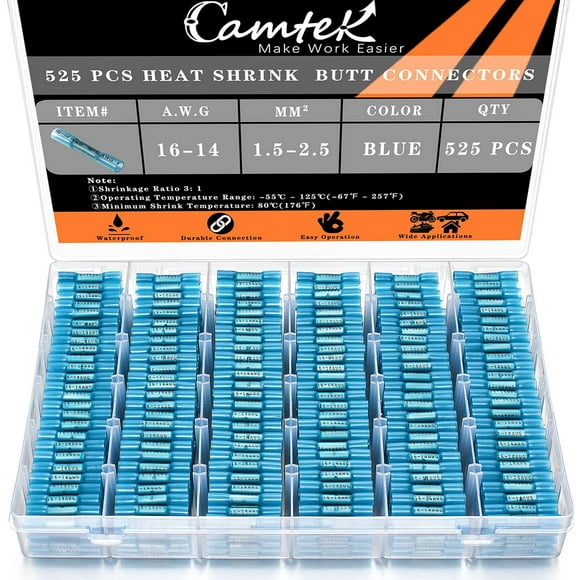 Camtek 525PCS Heat Shrink Butt Connectors Blue 16-14 AWG, Marine Grade Tinned Red Copper Crimp Splice Terminals Insulated Waterproof Electrical Wire Connectors for Marine,Truck,Stereo