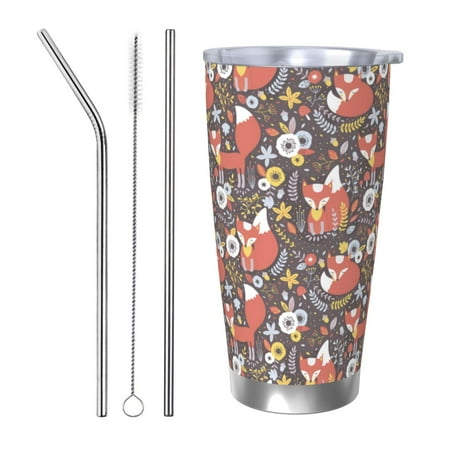 

Zeuib Foxes Printed 20oz Stainless Steel Insulated Car Cup Stainless Steel Thermal Cup Vacuum Insulated Leak-proof Travel Mug Cup-Straw Three-piece Set