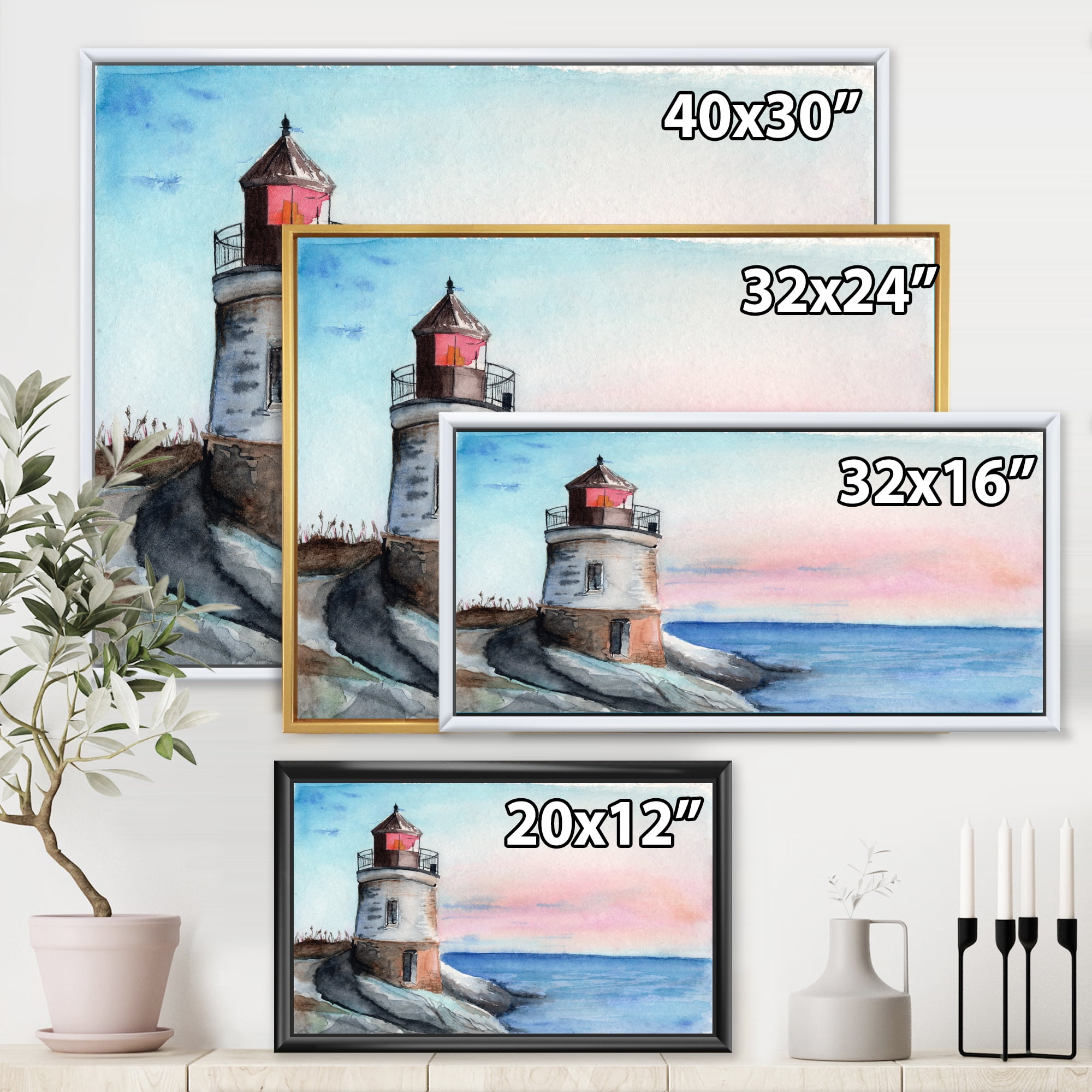 Designart 'A Lighthouse On A Rock Shore At Dawn' Nautical & Coastal Framed Canvas Wall Art Print