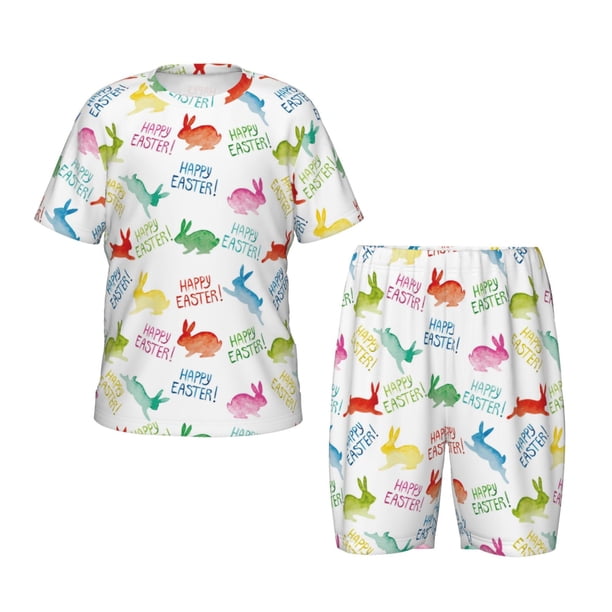 Fotbe Happy Easter Rabbit Pijama Estampada de 2 Piezas para Niños – Ropa de Dormir de Manga Corta Cómoda para Niños y Niñas, Camiseta y Shorts de Algodón-Small