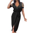 thumbnail image 2 of Honeeladyy Women Summer Tunic Dress Women's Solid Color V Neck Off The Shoulder Short Sleeve Slit Dress, 2 of 5