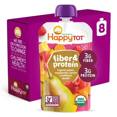 Happy Tot Organics Fiber & Protein Stage 4 Toddler Food, Pears Raspberries Carrots & Butternut Squash, 4 oz Pouches (8 pack)