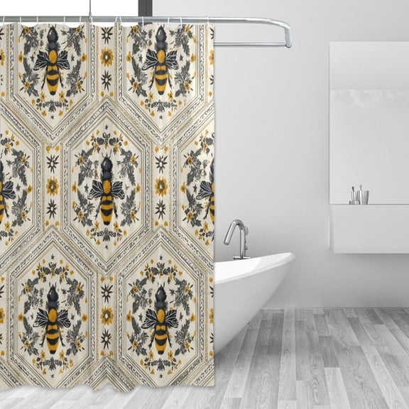 Repeating Hexagon Pattern with Honey Bee Shower Curtains with 12 Hooks Waterproof Bathroom Decor 66" x 72"