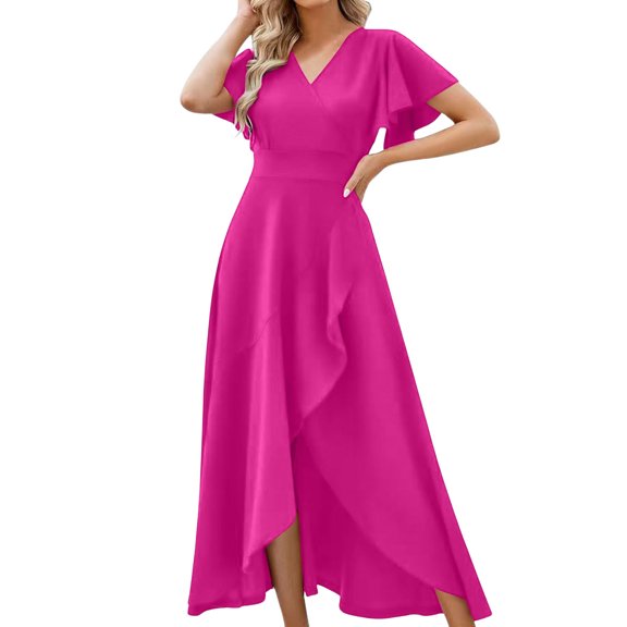 Elegant V Neck Pleated Dress Women Stylish Evening Gown Wedding Guest Formal Event Partywear Flowy Midi Dress