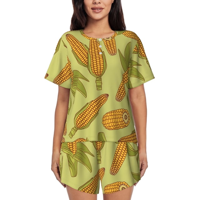 Fotbe Corn Conjunto de Pijama Estampado para Mujer, 2 Piezas, Ropa de Dormir con Camiseta de Manga Corta y Shorts Suaves-3X-Large