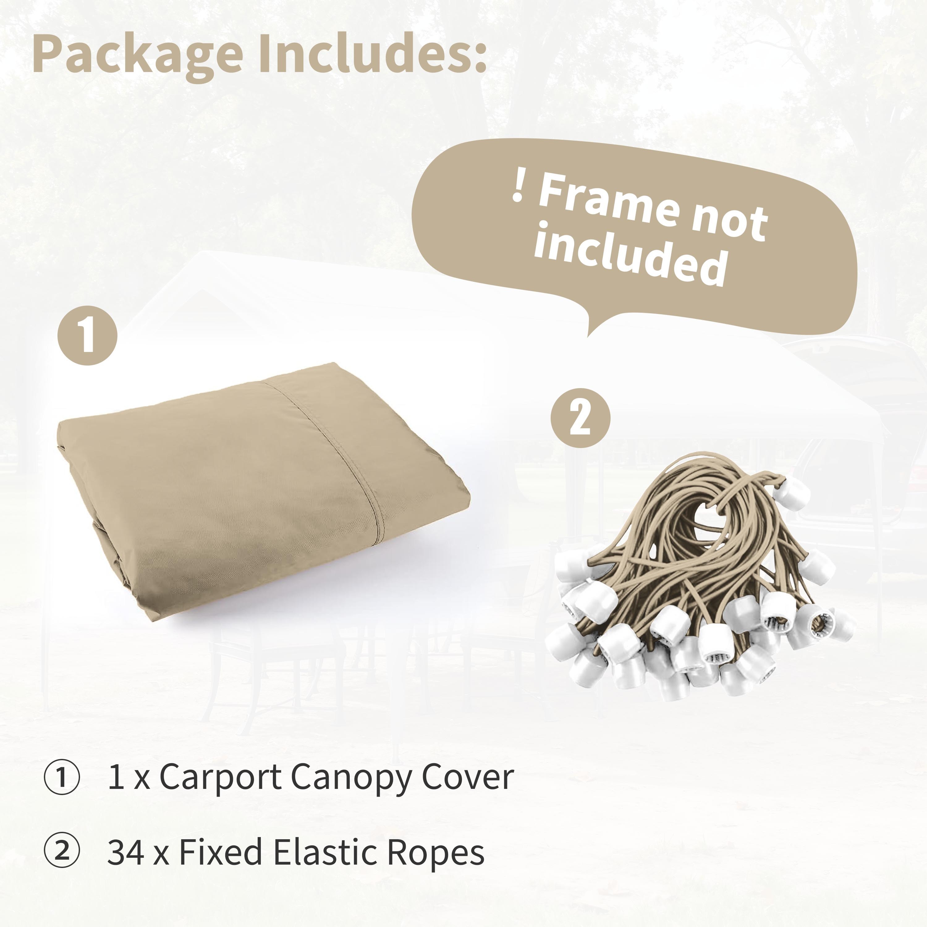 Pakunoda 10' X 20' Carport Canopy Replacement Cover, Portable Car Garage Shelter Party Top Tent with 34PC Ball Bungees, Sand (Only Cover, Frame Not Included)