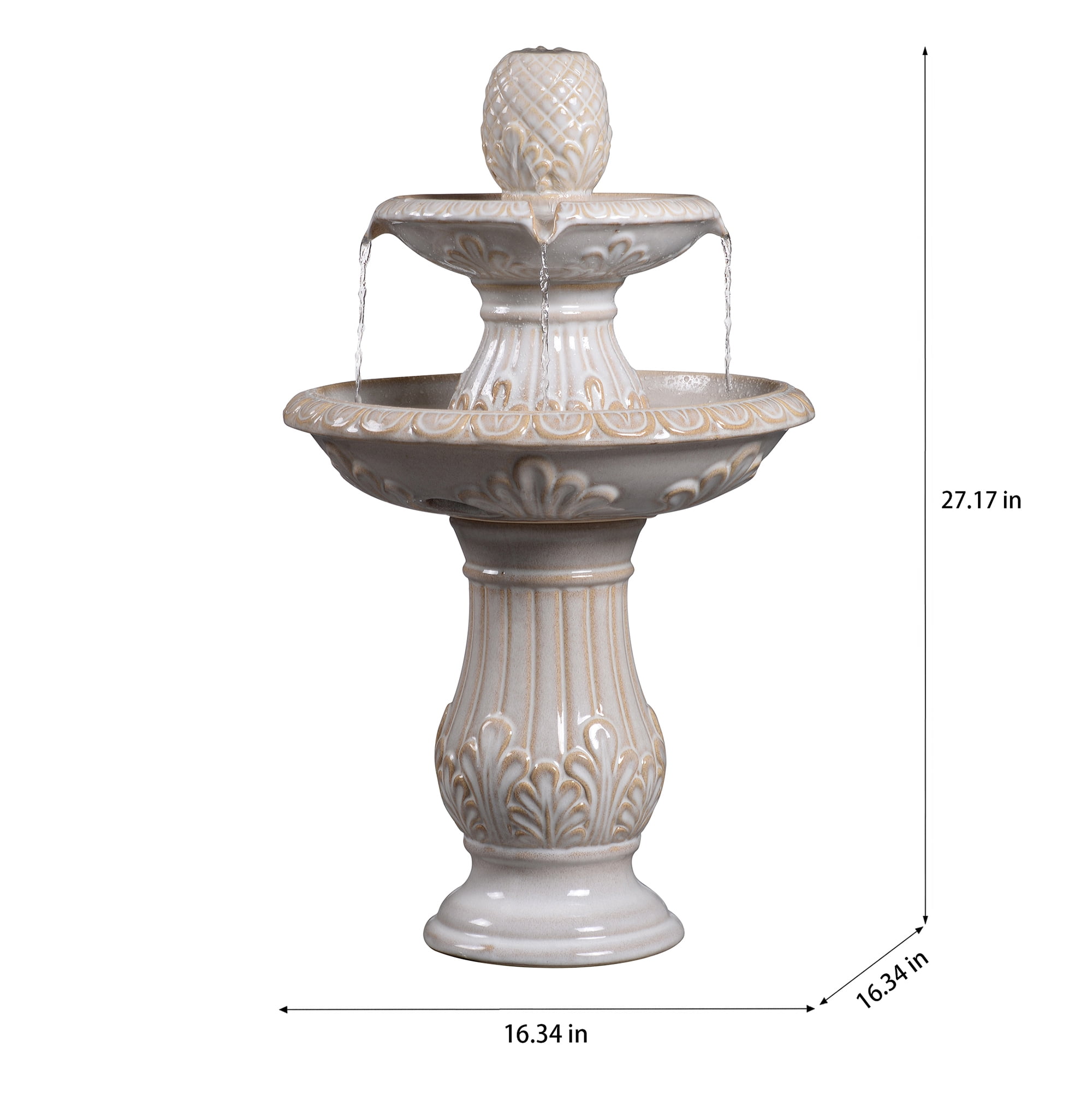 2-Tier Ivory Ceramic Pedestal Fountain, Decorative Water Fountain with LED Lights and Quiet Pump, Indoor Outdoor Water Feature for Patio, Garden, Deck, Balcony, Office and Home Décor