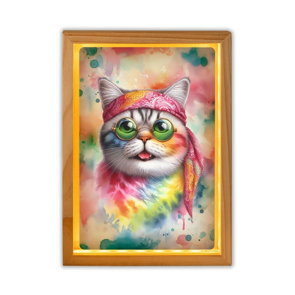 Hippie British Shorthair Portrait Watercolor Tie-Dye Vintage Styles Acrylic Plaque with Wood Photo Frame Box Cat Lover Kitten Owner Gifts Light Box - 00014