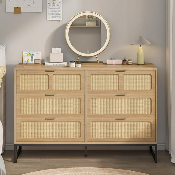 Fiogmub Large Dresser Mid Century Rattan, 6 Drawer Dresser, Wood Chest of Drawers, Metal Legs