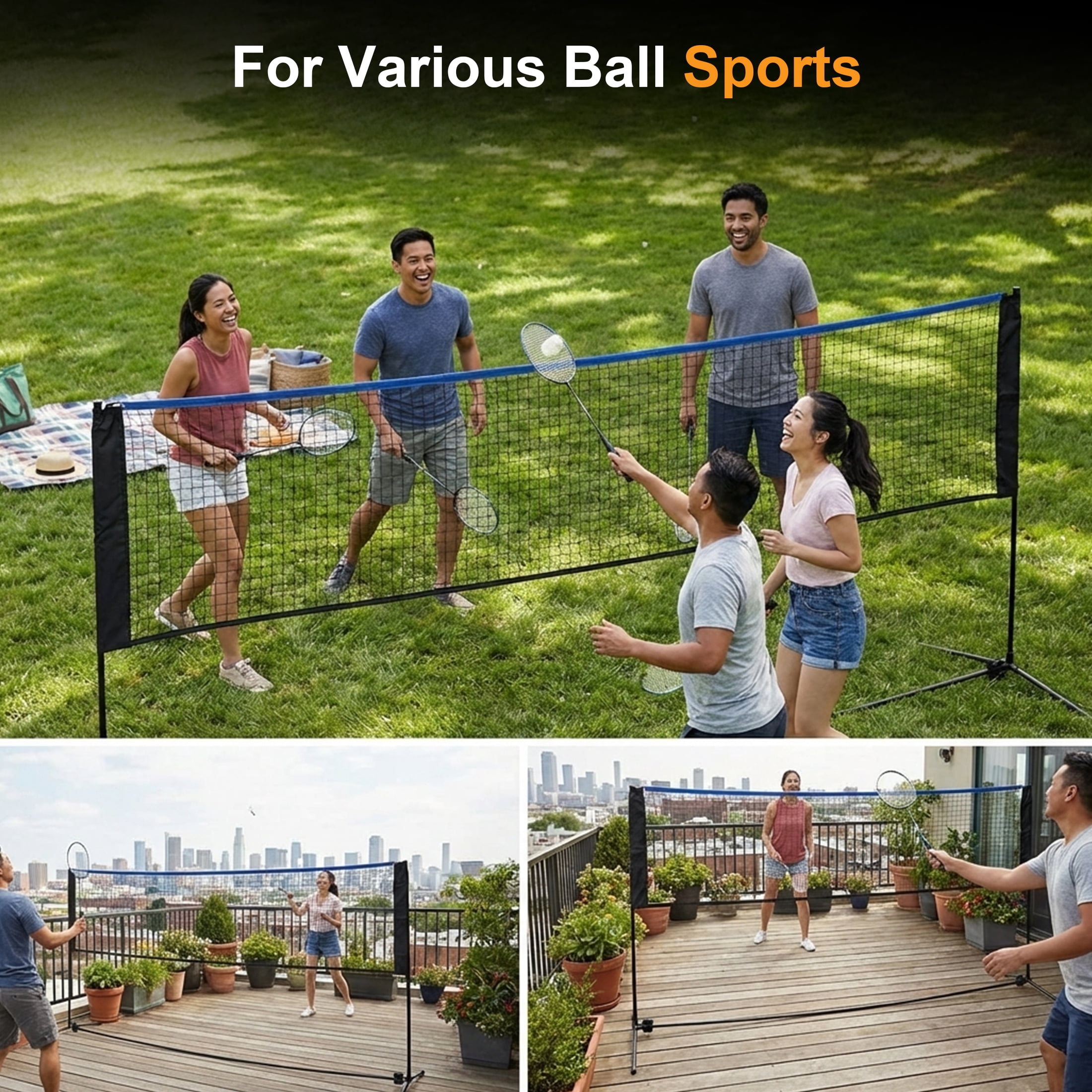 JIOABL Portable Badminton Net Set, 14FT Adjustable Height for Outdoor & Indoor Use, Includes Carry Bag, Easy Setup No Tools Needed, Blue-Black