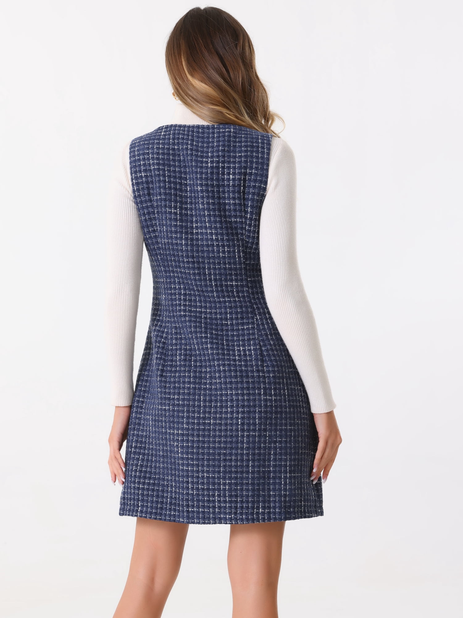 DARING DIVA Women's Tweed Square Neck A Line Pinafore Dresses XS Navy Blue