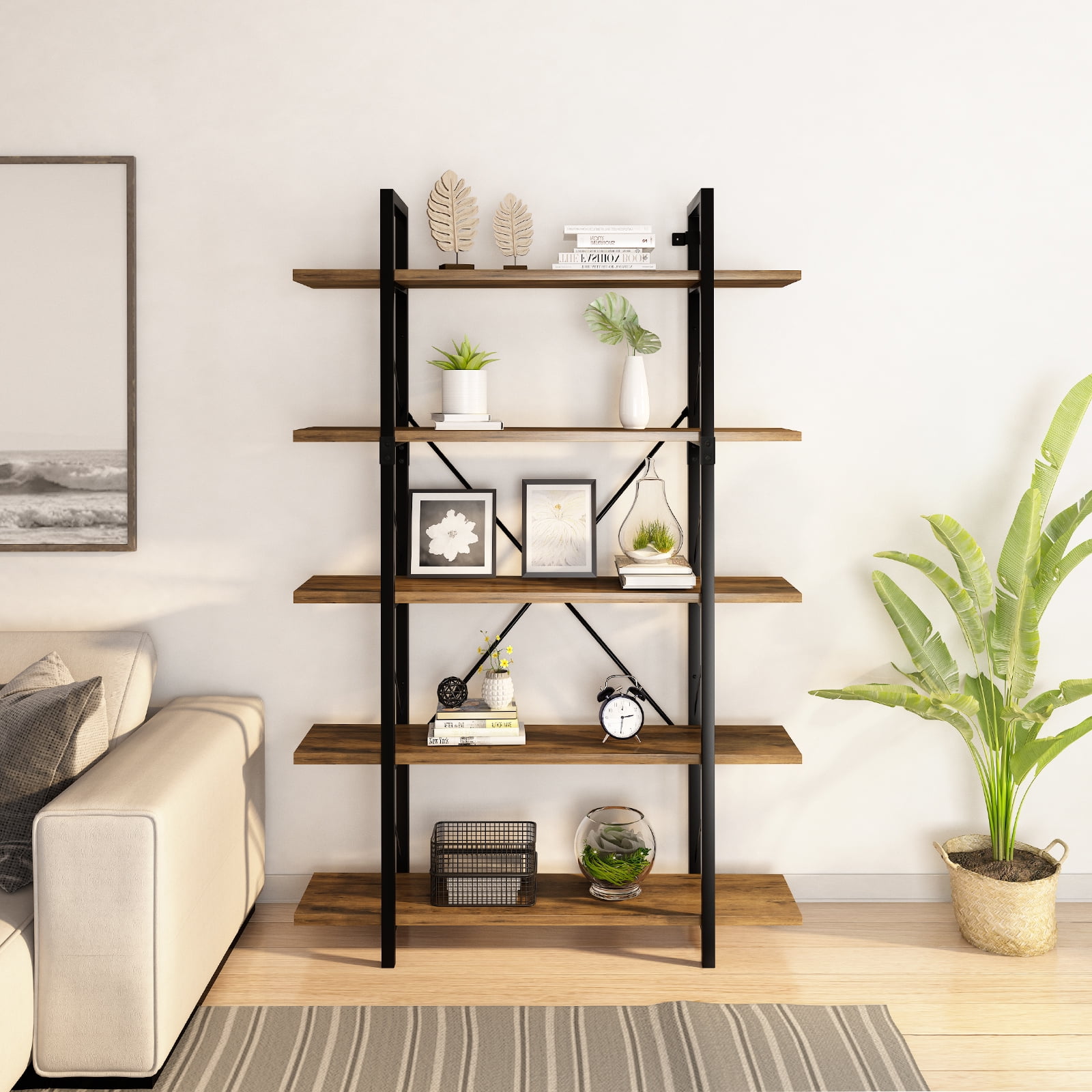 Dextrus 5-Tier Bookshelf Sturdy Wood Storage Bookcase Shelves with