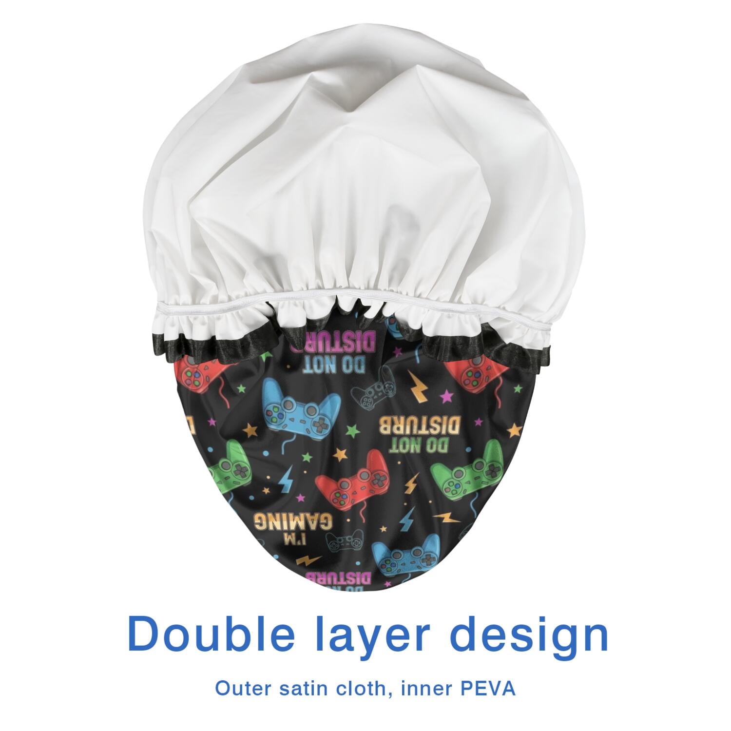 Shower Caps,Colorful Games Sign Black Pattern Waterproof Shower Cap for Women 4 Pieces,Double Reusable Hair Cover for Shower PEVA Elastic Stretch Hem