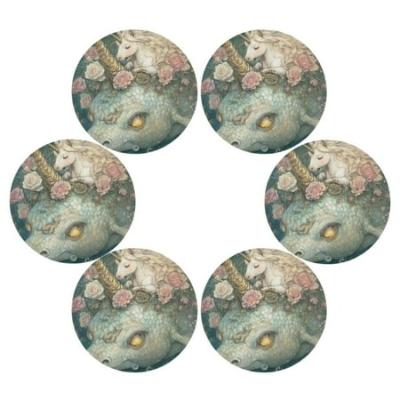 

WOBOGO Unicorns and Sea Monsters Round Placemats Set of 6 Heat Resistant Washable Kitchen Table Decorations 15.4in