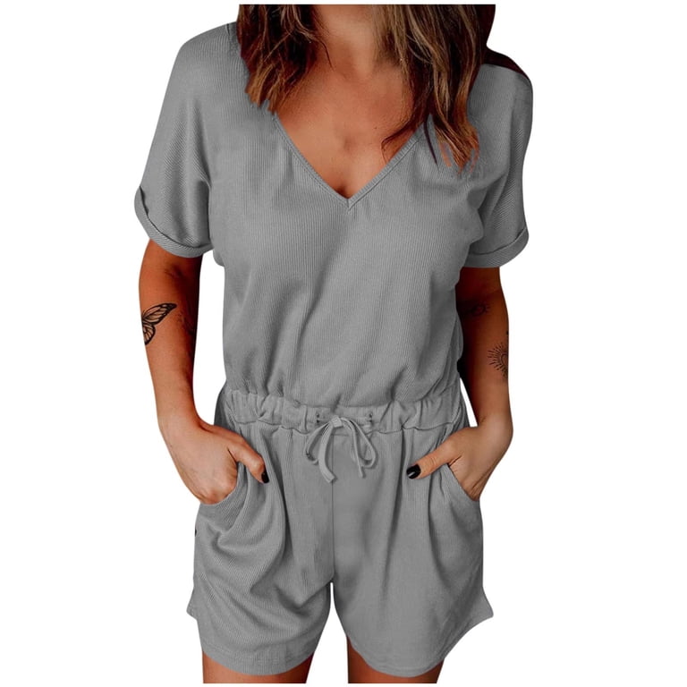 QATAINLAV Rompers for Women Casual Summer V Neck Short Sleeve