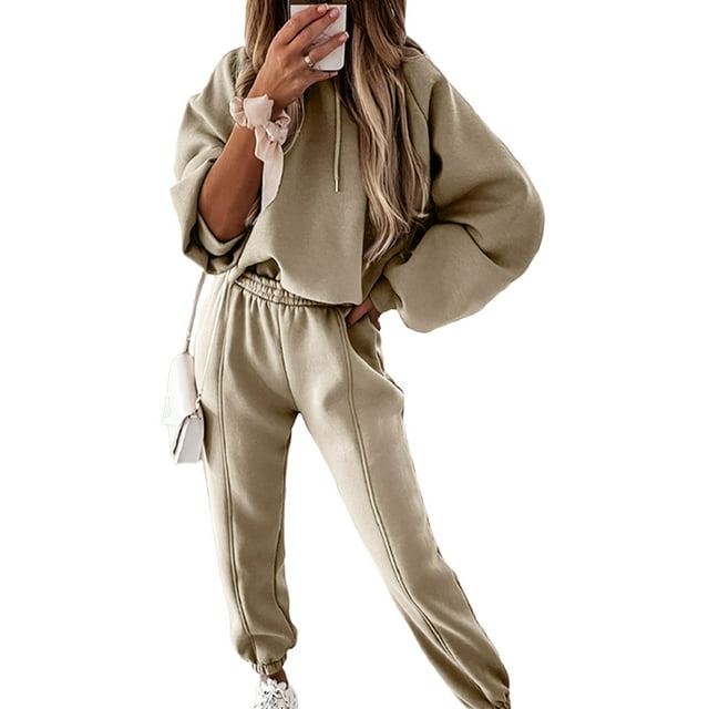 UKAP Ladies Two Piece Outfit Solid Color Sweatsuits Hoodies Jogger Set Casual Jogging Tracksuit Sets Apricot S