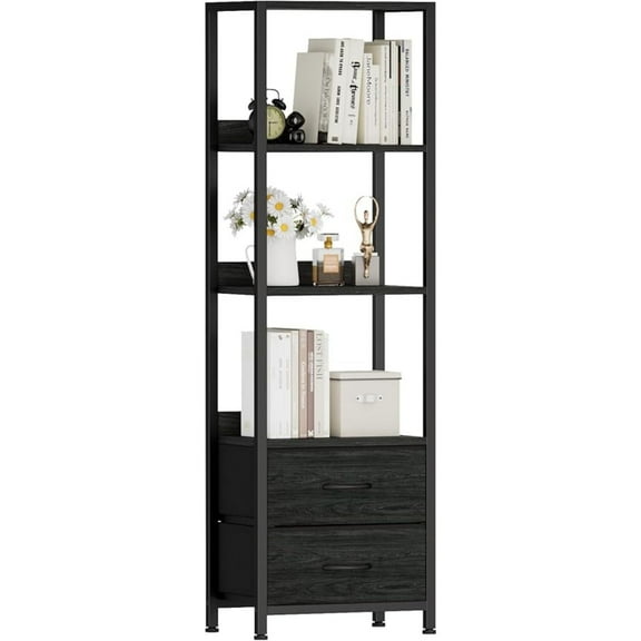 4-Tier Corner Shelf, Bookshelf with 2 Storage Drawers, 57.28”Tall Narrow Bookcase, Standing Shelf Organizer Unit for Living Room, Bedroom, Metal Frame, Wood Display Shelf