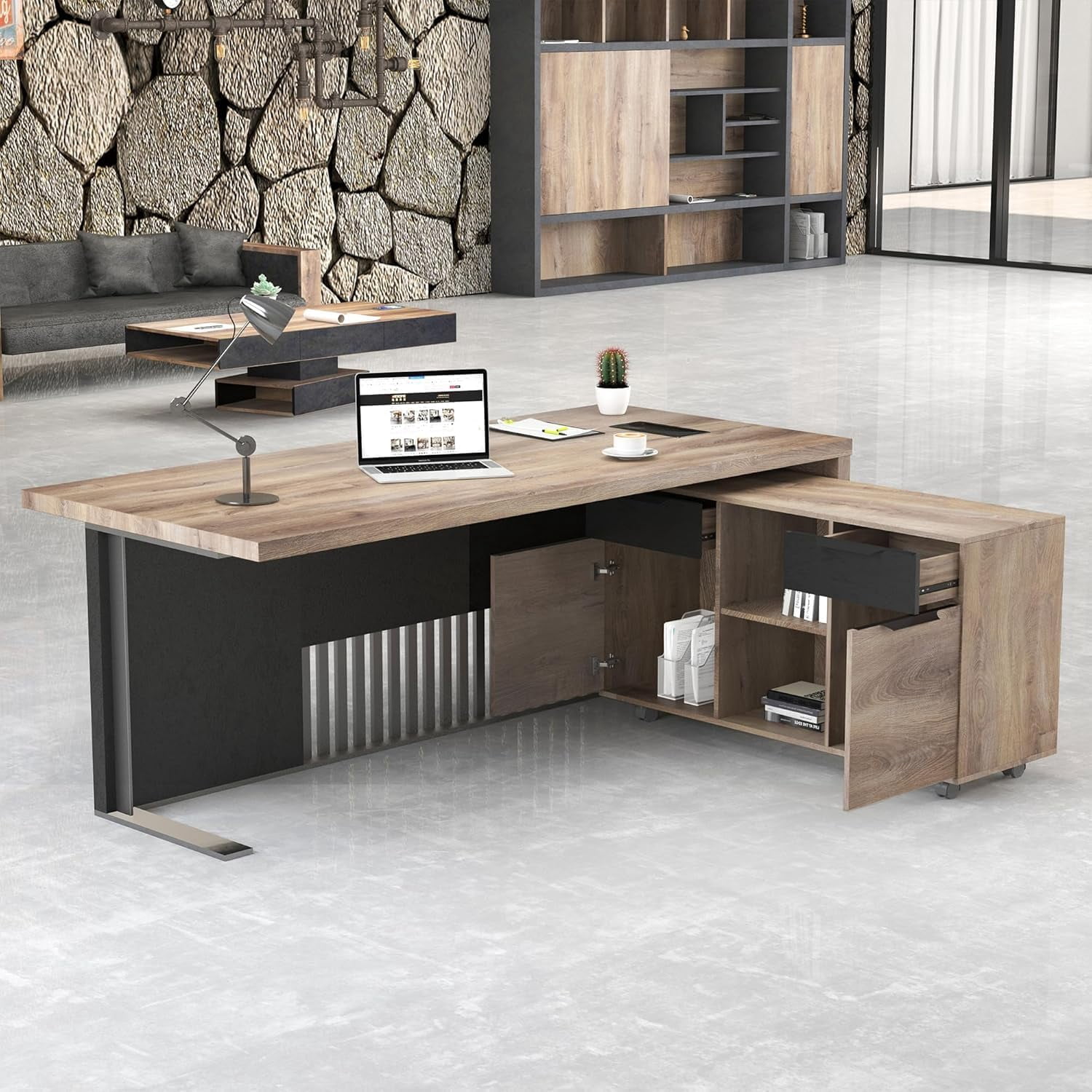 70.87 inch L Shaped Executive Desk with 2 Drawers File Cabinets Storage(Right Return)
