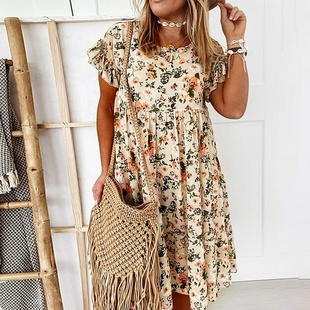 SHOPESSA Robe d'Été à Col Rond pour Femmes Grande Taille, Imprimé Floral de Plage, Volants, Robe Décontractée