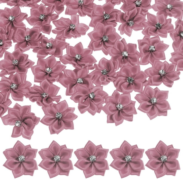 Uxcell 200-pack Flores de Cinta de Satén, Mini Flores de Tela de 1.2 Pulgadas con Strass para Manualidades y Proyectos de Bricolaje Rosa Pasta de Frijol
